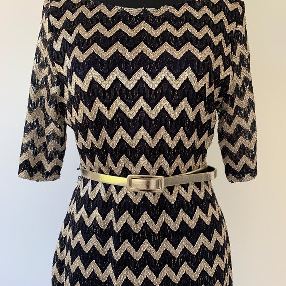 Connected Apparel Navy Blue and Gold Dress with Vegan Leather Belt - Size 12 - Picture 6 of 7